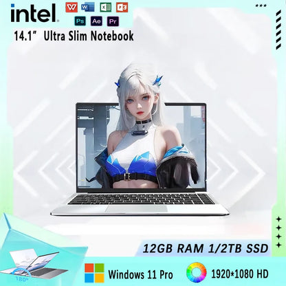 NEW Laptop Windows 11 Intel 2025  J4025 180° Folding Slim Laptop Gamer 12GB RAM 512GB 1TB SSD 1920*1080 Office Study Computer PC