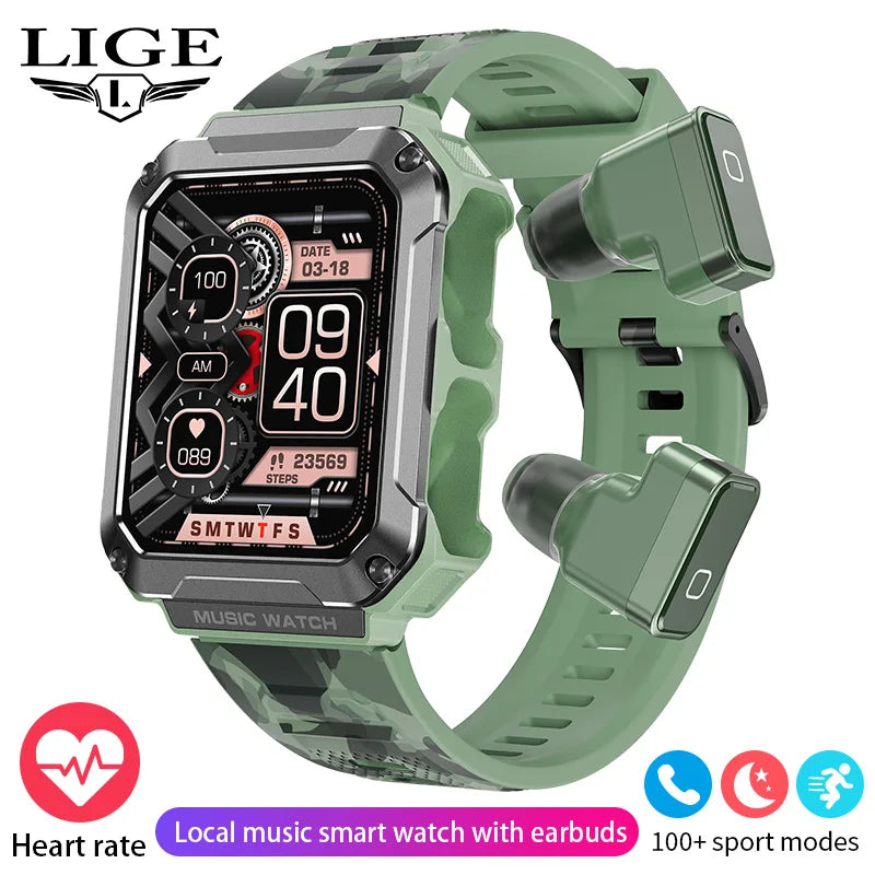 LIGE 2024 Smart Watch With Earbuds Bluetooth Call TWS 4G RAM Local Music Control Waterproof Smartwatch Men For Android iOS