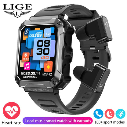 LIGE 2024 Smart Watch With Earbuds Bluetooth Call TWS 4G RAM Local Music Control Waterproof Smartwatch Men For Android iOS