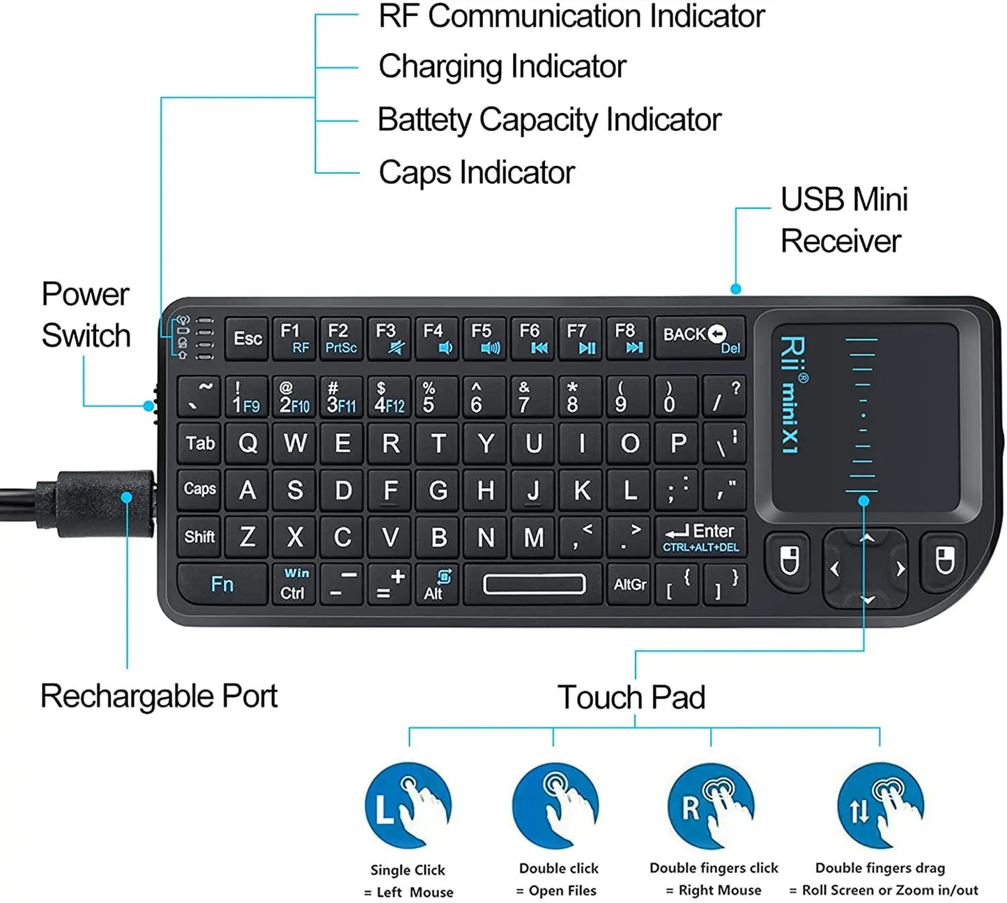 Rii X1 2.4GHz Mini Wireless Keyboard English/ES/FR Keyboards with TouchPad for Android TV Box/PC/Laptop