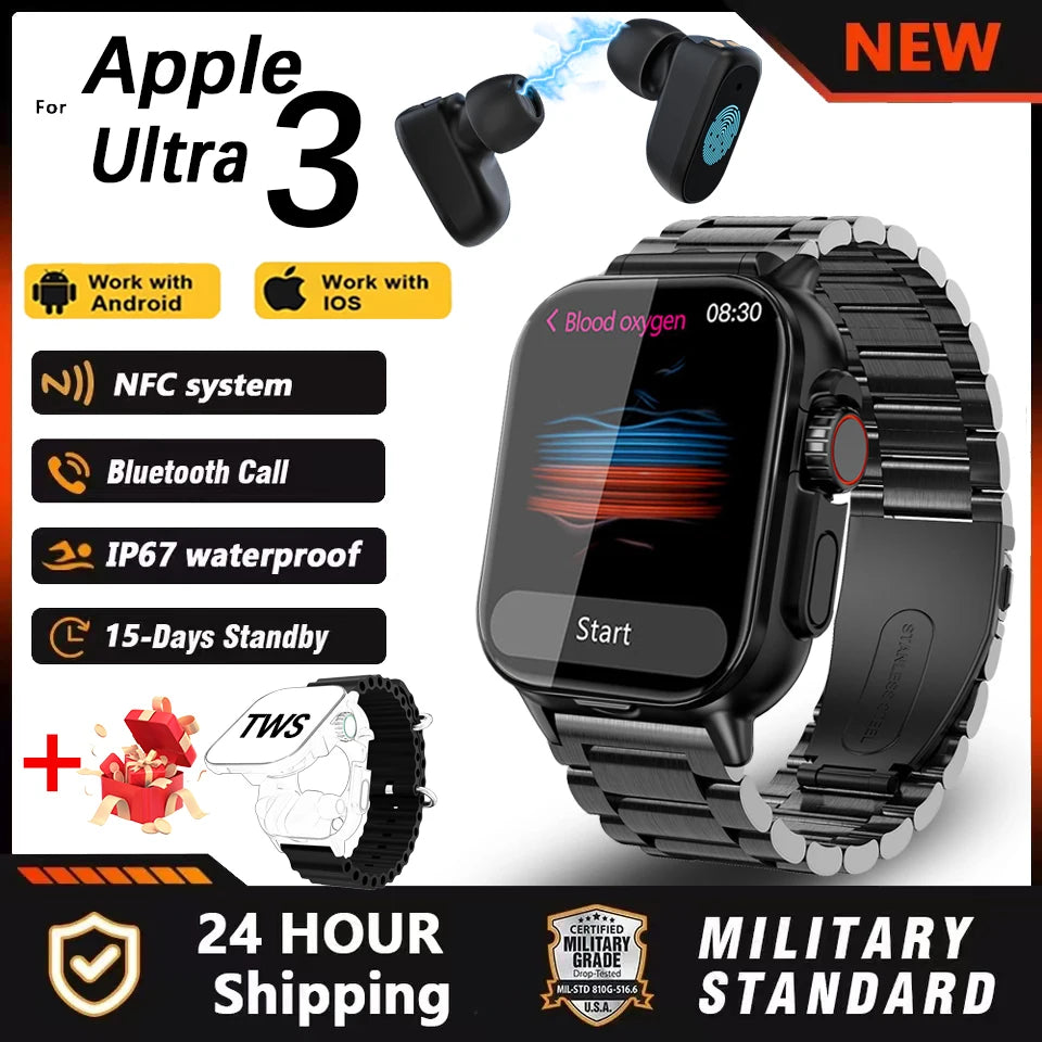 New TWS 2 IN 1 With Headset Smart Watch Bluetooth Call Men Watch GPS Track SmartWatch Heart Rate Monitor Play Music Watch 2024