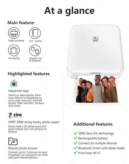 HPRT MT53 Portable Mni Mobile Pocket Printer BT Wireless Photo Printer with Zink Technology 2x3 Inch Color Photo Printer Maker