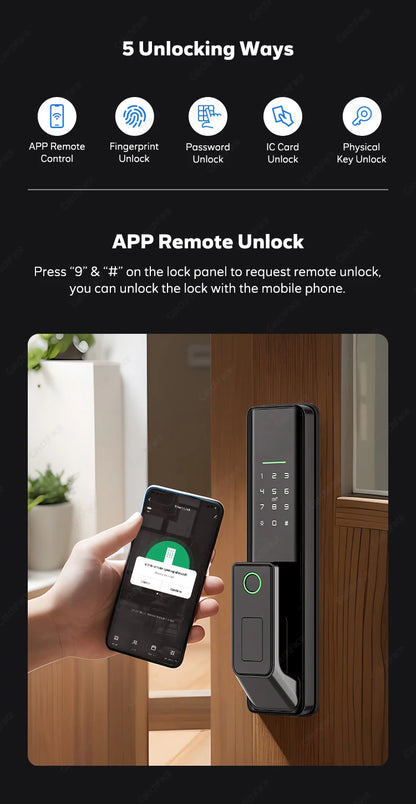 Automatic Electronic Fingerprint Biometric Frosted Panel Digital Smart Door Lock WiFi TUYA APP Password IC Card Security