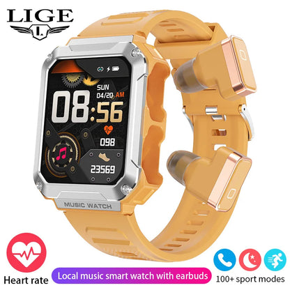 LIGE 2024 Smart Watch With Earbuds Bluetooth Call TWS 4G RAM Local Music Control Waterproof Smartwatch Men For Android iOS