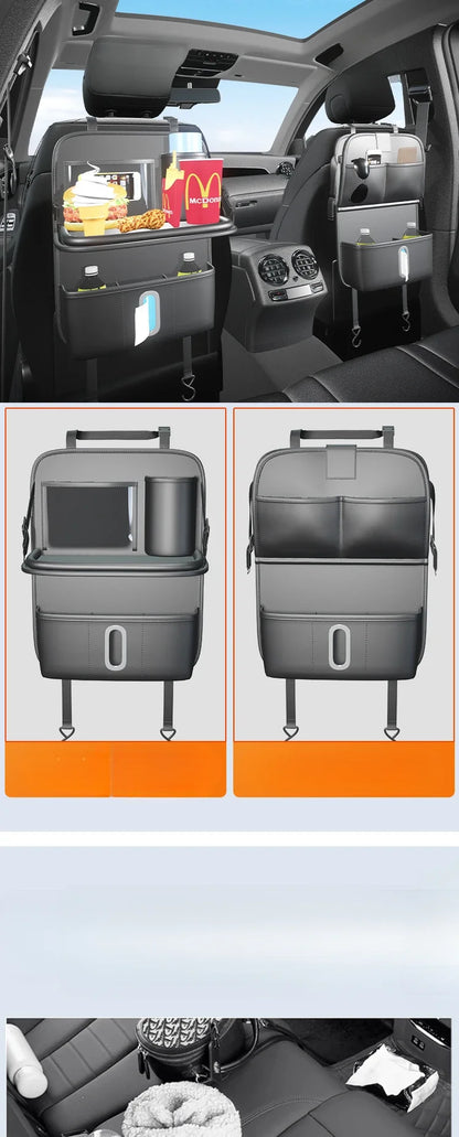 Car Seat Back Organizer Storage Bag With Foldable Table Tray Tablet Holder Tissue Box Auto Backseat Bag Protector Accessories