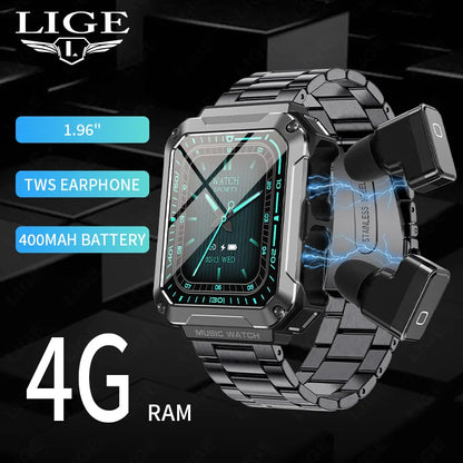 LIGE 2024 Smart Watch With Earbuds Bluetooth Call TWS 4G RAM Local Music Control Waterproof Smartwatch Men For Android iOS