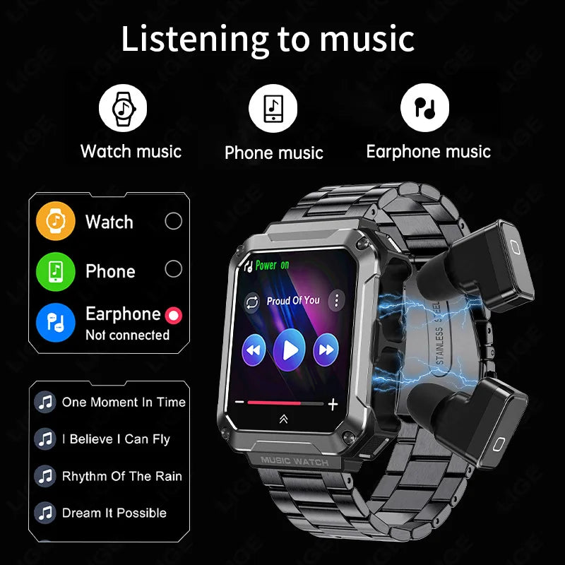 LIGE 2024 Smart Watch With Earbuds Bluetooth Call TWS 4G RAM Local Music Control Waterproof Smartwatch Men For Android iOS