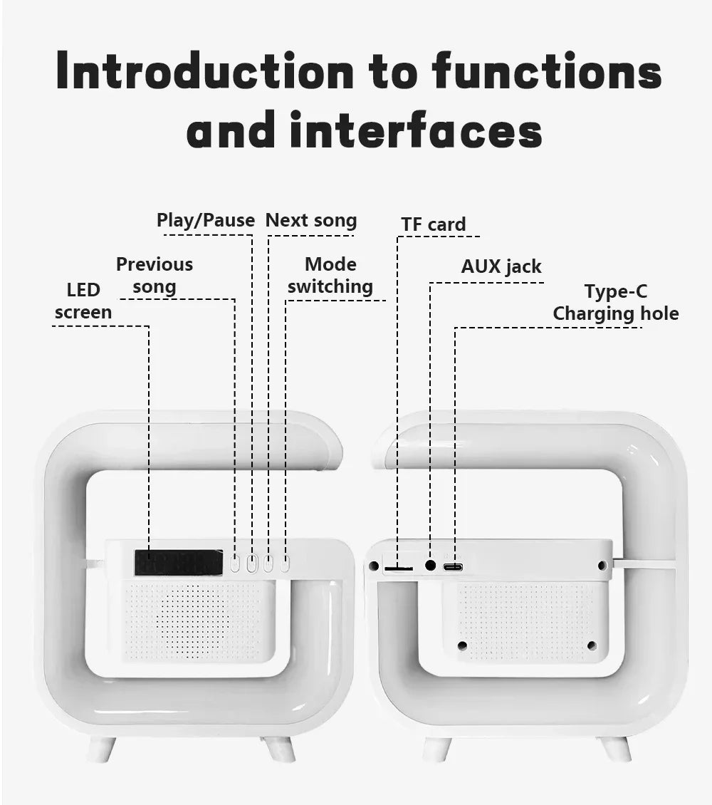 Multifunction Bluetooth Speaker Subwoofer Desk LED Lamp Night Light Phone Earphone Fast Charger Wireless Charging Dock Station