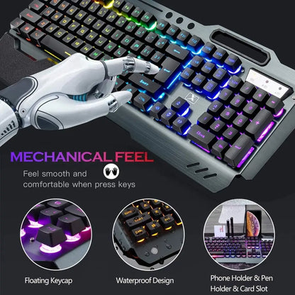 Luxury K680 Wireless Gaming Keyboard and Mouse Combo,Rainbow LED Backlit Keyboard with Rechargeable 3800mAh Battery Metal Panel