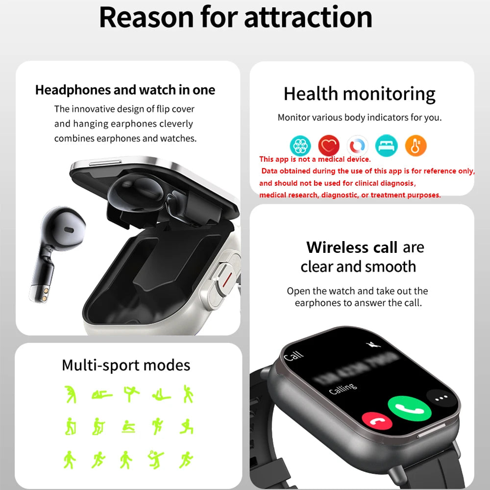 New Smart Watch Men 2 in 1 With Earbuds Heart Rate GPS Track TWS Bluetooth Earphone Monitor Play Music Sport Fitness Smartwatch