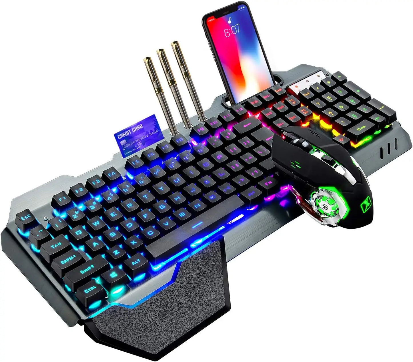 Luxury K680 Wireless Gaming Keyboard and Mouse Combo,Rainbow LED Backlit Keyboard with Rechargeable 3800mAh Battery Metal Panel