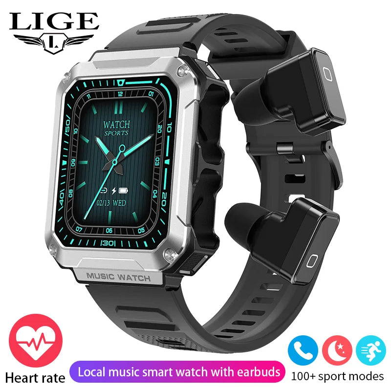 LIGE 2024 Smart Watch With Earbuds Bluetooth Call TWS 4G RAM Local Music Control Waterproof Smartwatch Men For Android iOS