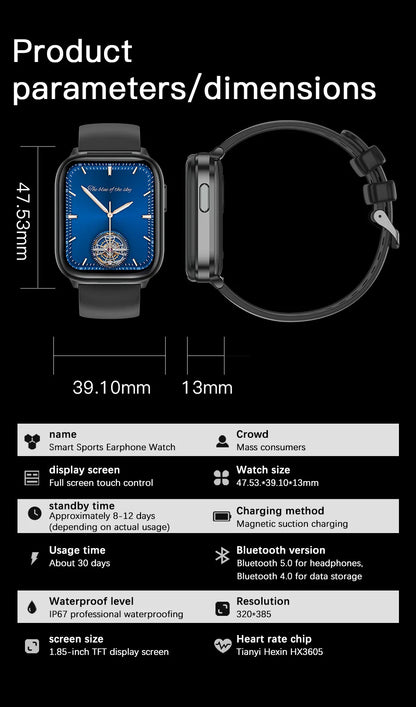 2 In 1 TWS Blue Tooth Headset Smart Watch Sports NFC Earphone Smartwatch Waterproof Music Headphone Watches Heart Rate Health