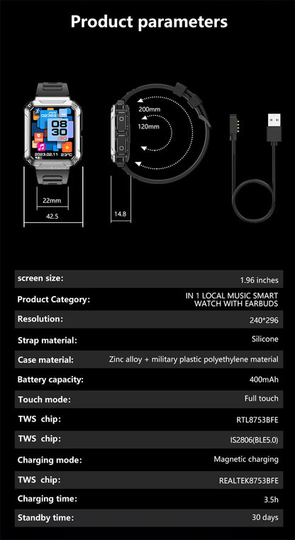 LIGE 2024 Smart Watch With Earbuds Bluetooth Call TWS 4G RAM Local Music Control Waterproof Smartwatch Men For Android iOS