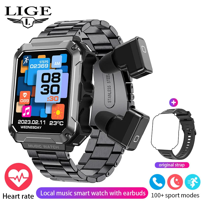 LIGE 2024 Smart Watch With Earbuds Bluetooth Call TWS 4G RAM Local Music Control Waterproof Smartwatch Men For Android iOS