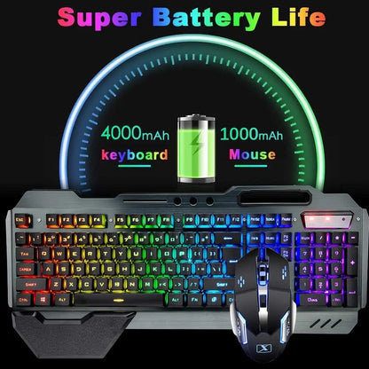 Luxury K680 Wireless Gaming Keyboard and Mouse Combo,Rainbow LED Backlit Keyboard with Rechargeable 3800mAh Battery Metal Panel