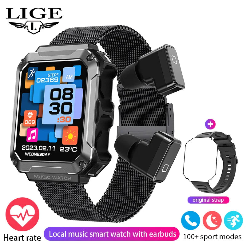 LIGE 2024 Smart Watch With Earbuds Bluetooth Call TWS 4G RAM Local Music Control Waterproof Smartwatch Men For Android iOS