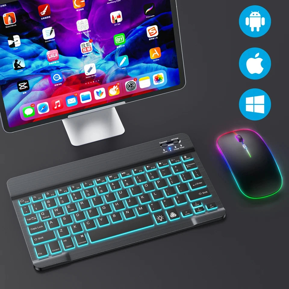 Mini Backlit RGB 10inch Bluetooth Keyboard Wireless mouse Rechargeable for Spanish Russian Hebrew Korean French Arabic Portugal